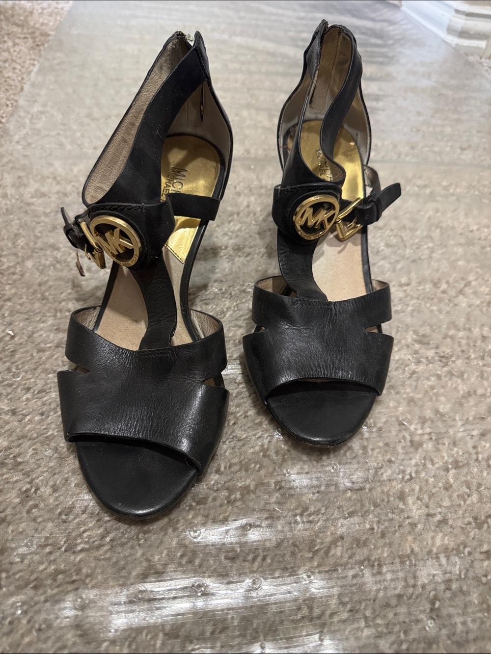 Michael Kors Black Leather Open-Strap Heels with Gold MK Accent